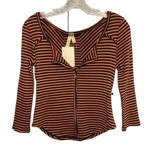 Free People Women's Navy/Orange‎ Striped Knit Button Long Sleeve Blouse Size S